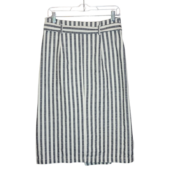 Anthropologie Striped Pencil Skirt Wrap Belted Midi Knee Length Blue & White 10 - Picture 8 of 14